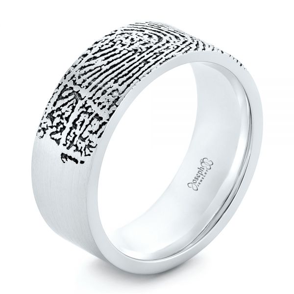 18k White Gold Custom Men's Engraved Fingerprint Wedding Band - Three-Quarter View -  102383