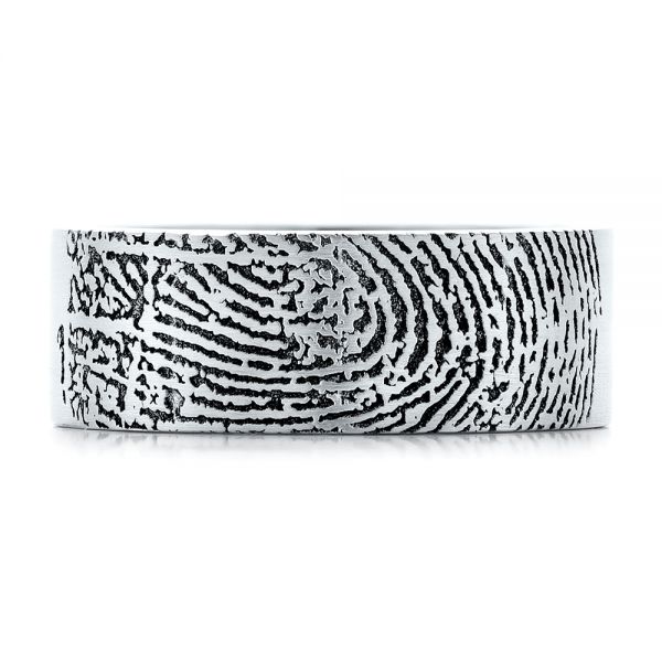 18k White Gold Custom Men's Engraved Fingerprint Wedding Band - Top View -  102383