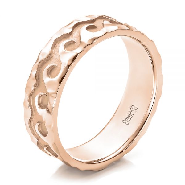 18k Rose Gold 18k Rose Gold Custom Men's Hammered Wave Wedding Band - Three-Quarter View -  100698