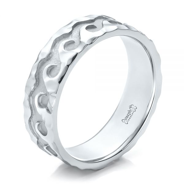 14k White Gold 14k White Gold Custom Men's Hammered Wave Wedding Band - Three-Quarter View -  100698