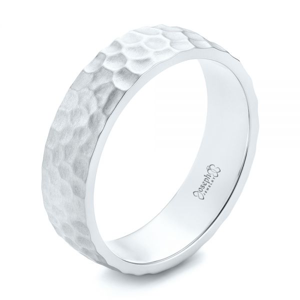 14k White Gold 14k White Gold Custom Men's Hammered Wedding Band - Three-Quarter View -  102425