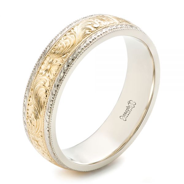 18k White Gold And 14k Yellow Gold 18k White Gold And 14k Yellow Gold Custom Men's Hand Engraved Wedding Band - Three-Quarter View -  102431