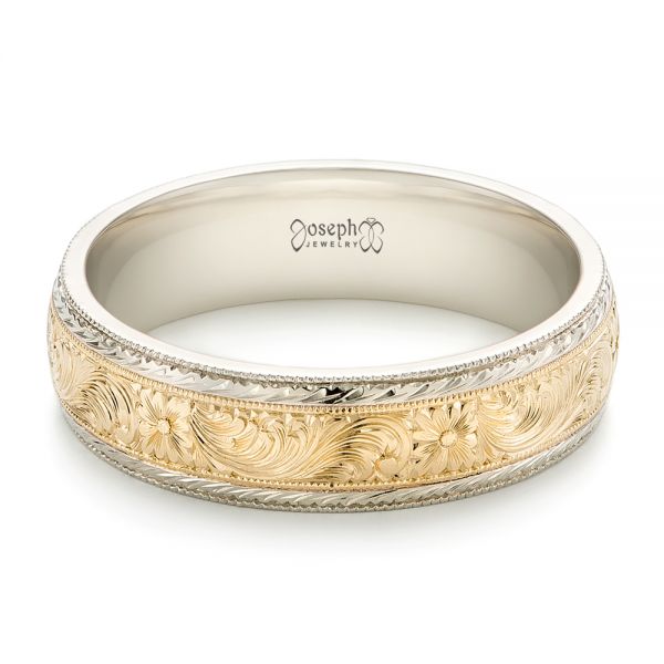 14k White Gold And 18k Yellow Gold 14k White Gold And 18k Yellow Gold Custom Men's Hand Engraved Wedding Band - Flat View - 102431