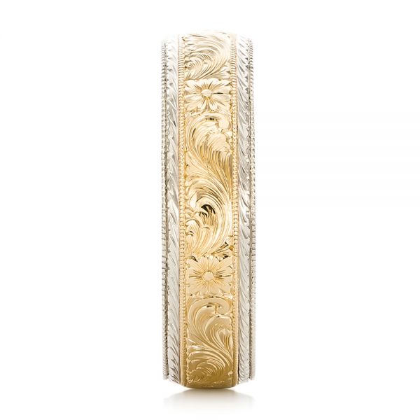 14k White Gold And 18k Yellow Gold 14k White Gold And 18k Yellow Gold Custom Men's Hand Engraved Wedding Band - Side View - 102431