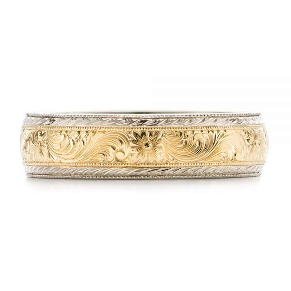 14k White Gold And 18k Yellow Gold 14k White Gold And 18k Yellow Gold Custom Men's Hand Engraved Wedding Band - Top View - 102431