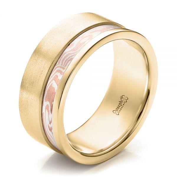 14k Yellow Gold And Platinum 14k Yellow Gold And Platinum Custom Men's Mokume Band - Three-Quarter View - 100012