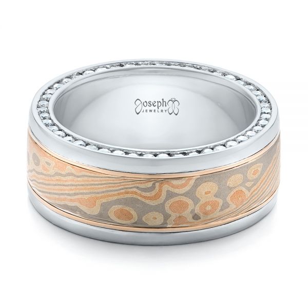 Platinum And 14K Gold Custom Men's Mokume And Diamond Wedding Band - Flat View - 102157