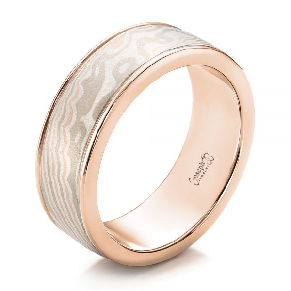 14k Rose Gold And 14K Gold 14k Rose Gold And 14K Gold Custom Men's Mokume Wedding Band - Three-Quarter View -  101274