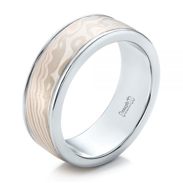 14k White Gold And Platinum 14k White Gold And Platinum Custom Men's Mokume Wedding Band - Three-Quarter View -  101274