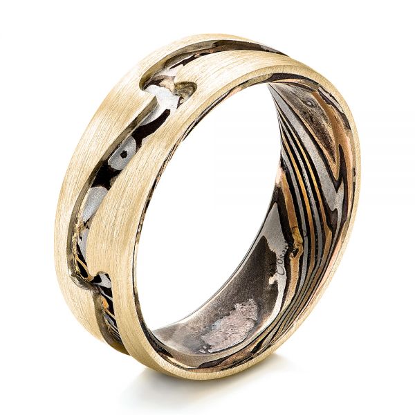 14k Yellow Gold 14k Yellow Gold Custom Men's Mokume Wedding Band - Three-Quarter View -  102032