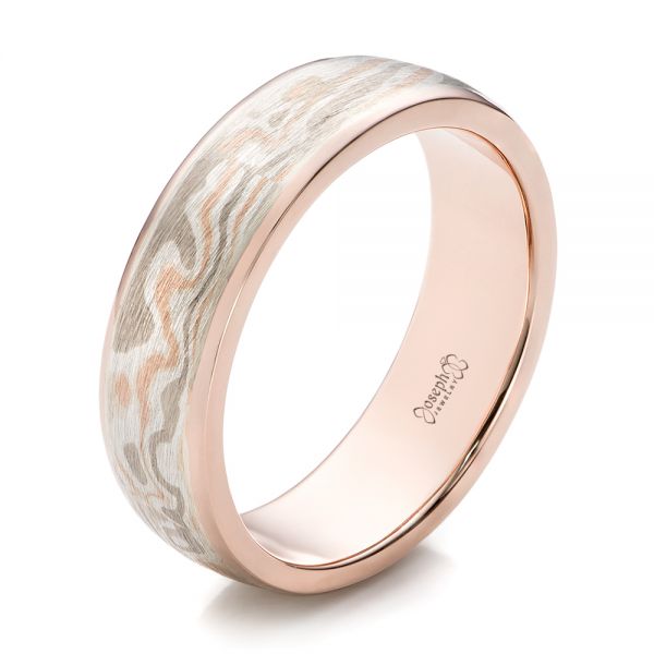 14k Rose Gold And 14K Gold Custom Men's Mokume Wedding Band - Three-Quarter View -  101261