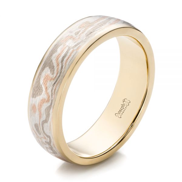 18k Yellow Gold And 14K Gold 18k Yellow Gold And 14K Gold Custom Men's Mokume Wedding Band - Three-Quarter View -  101261