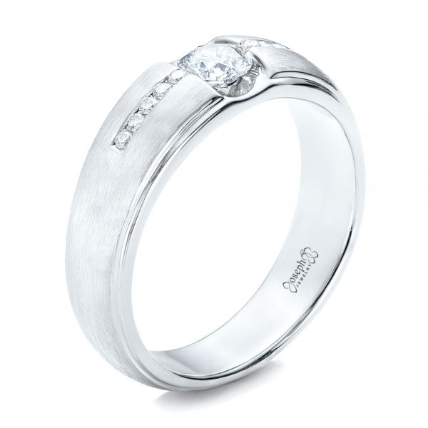 18k White Gold Custom Men's Tension Set Diamond Wedding Band - Three-Quarter View -  101220