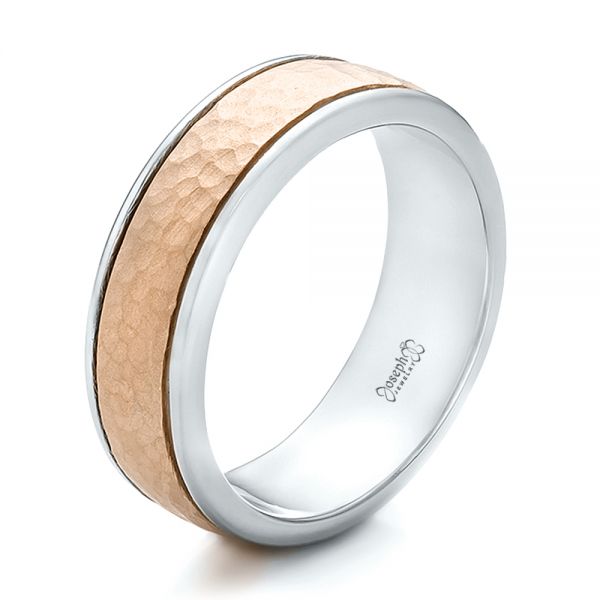  18K Gold And 18k Rose Gold 18K Gold And 18k Rose Gold Custom Men's Two-tone Hammered Finish Wedding Band - Three-Quarter View -  100641