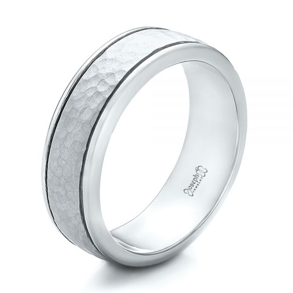  Platinum And 18k White Gold Platinum And 18k White Gold Custom Men's Two-tone Hammered Finish Wedding Band - Three-Quarter View -  100641