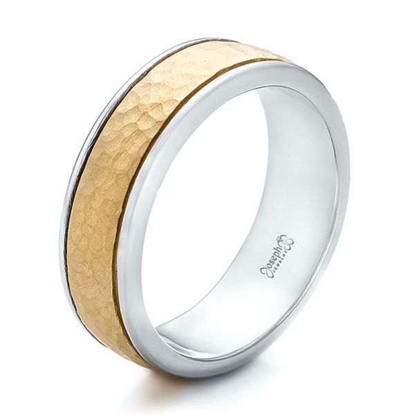  18K Gold And 18k Yellow Gold Custom Men's Two-tone Hammered Finish Wedding Band - Three-Quarter View -  100641