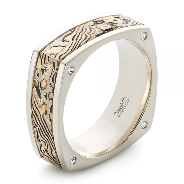 Custom Men's White Gold and Mokume Wedding Band - Image