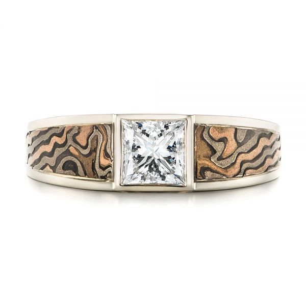 14k White Gold Custom Mokume Inlay Diamond Men's Wedding Band - Top View -  103472