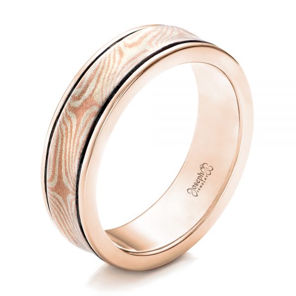 18k Rose Gold And 14K Gold 18k Rose Gold And 14K Gold Custom Mokume Wedding Band - Three-Quarter View -  102038