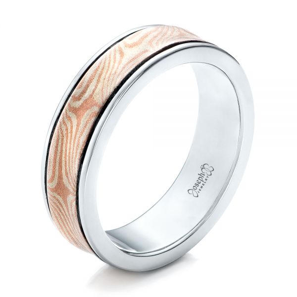 14k White Gold And Platinum 14k White Gold And Platinum Custom Mokume Wedding Band - Three-Quarter View -  102038