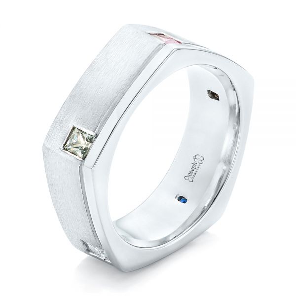 14k White Gold 14k White Gold Custom Multi-color Sapphire Men's Band - Three-Quarter View -  102737