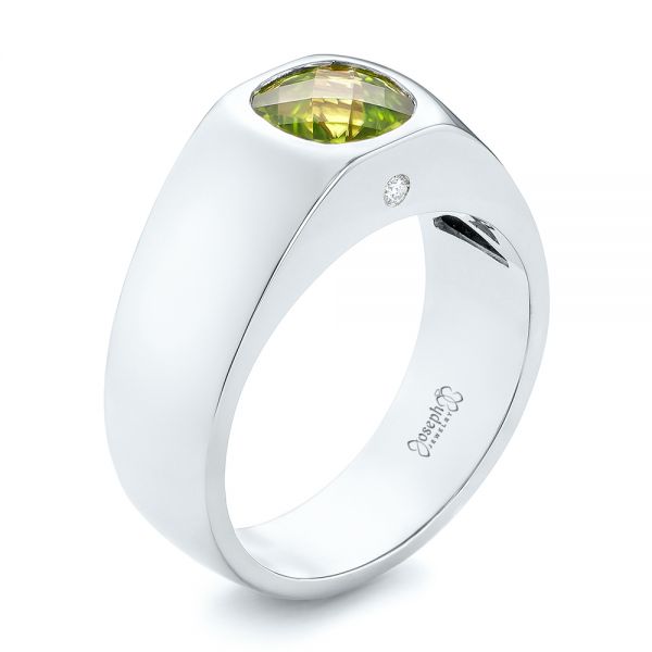 14k White Gold 14k White Gold Custom Peridot And Diamond Men's Band - Three-Quarter View -  103395