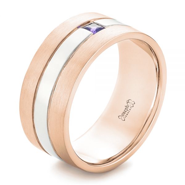  14K Gold And 14k Rose Gold 14K Gold And 14k Rose Gold Custom Purple Sapphire Men's Wedding Band - Three-Quarter View -  102302