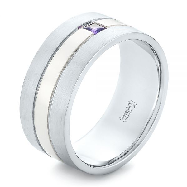  14K Gold And 14k White Gold 14K Gold And 14k White Gold Custom Purple Sapphire Men's Wedding Band - Three-Quarter View -  102302