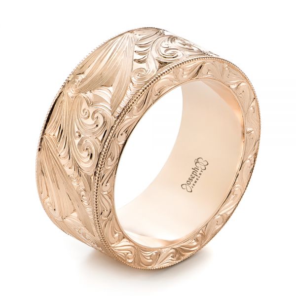 14k Rose Gold Custom Hand Engraved Wedding Band - Three-Quarter View -  103287