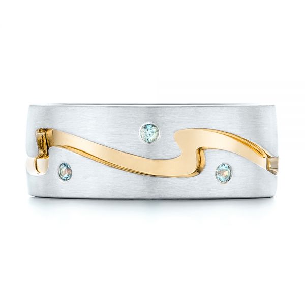 14K Gold And 18k Yellow Gold 14K Gold And 18k Yellow Gold Custom Two-tone Aquamarine Men's Wedding Band - Top View - 102825