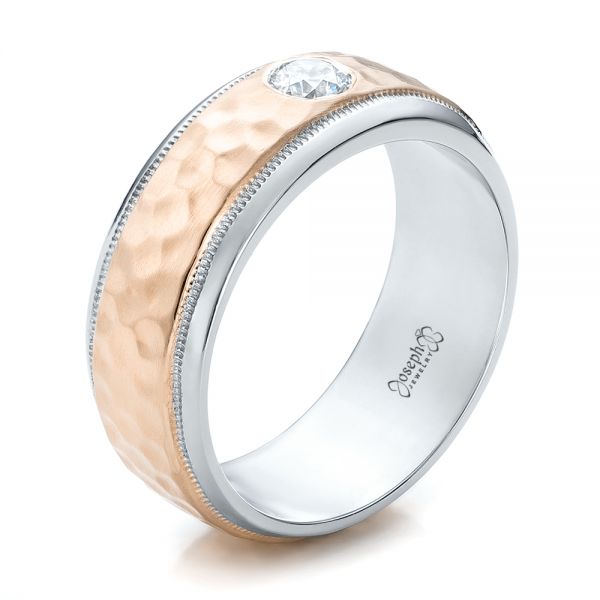  18K Gold And 18k Rose Gold 18K Gold And 18k Rose Gold Custom Two-tone Hammered Finish And Diamond Men's Band - Three-Quarter View -  100864