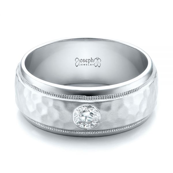 Platinum And 18k White Gold Platinum And 18k White Gold Custom Two-tone Hammered Finish And Diamond Men's Band - Flat View - 100864