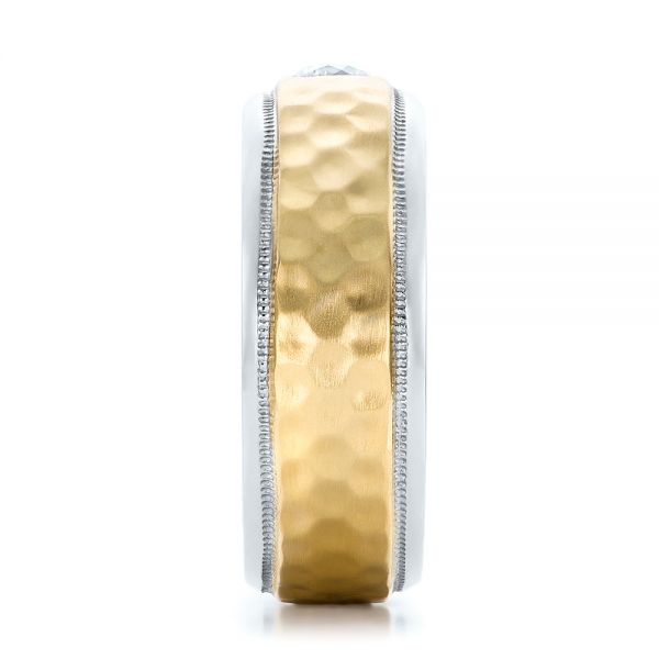  18K Gold And 14k Yellow Gold 18K Gold And 14k Yellow Gold Custom Two-tone Hammered Finish And Diamond Men's Band - Side View -  100864