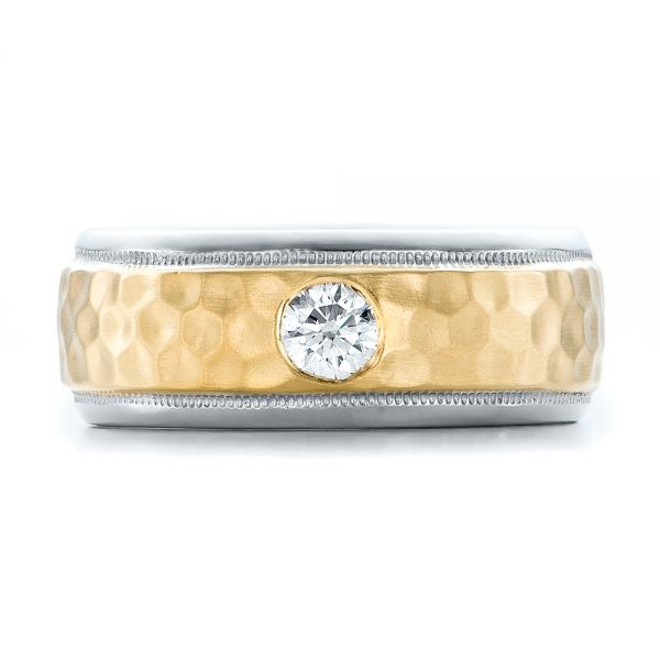  18K Gold And 14k Yellow Gold 18K Gold And 14k Yellow Gold Custom Two-tone Hammered Finish And Diamond Men's Band - Top View -  100864