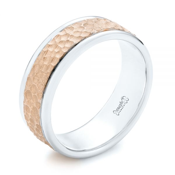  Platinum And 14k Rose Gold Platinum And 14k Rose Gold Custom Two-tone Hammered Men's Band - Three-Quarter View -  103016