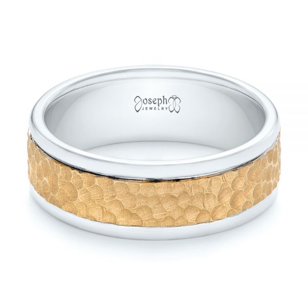 18K Gold And 18k Yellow Gold Custom Two-tone Hammered Men's Band - Flat View - 103016