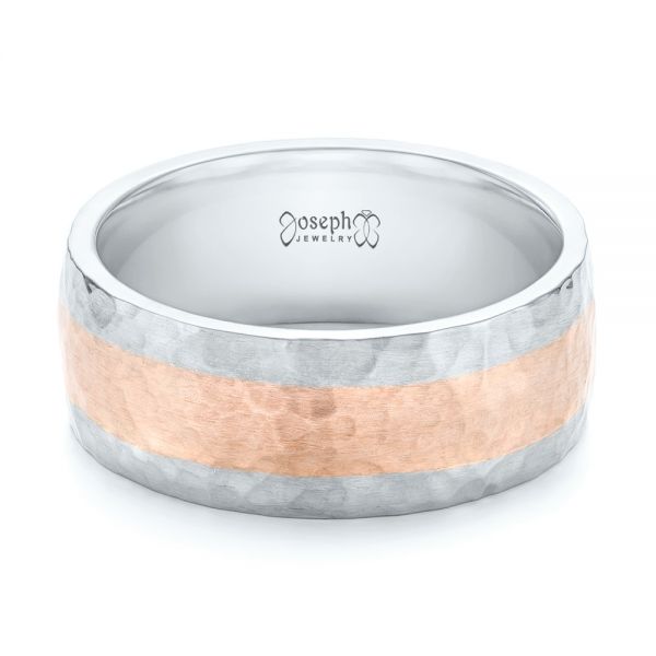 14K Gold Custom Two-tone Hammered Satin Finish Wedding Ring - Flat View - 102986