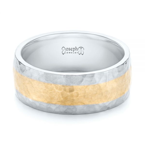 Platinum And 14k Yellow Gold Platinum And 14k Yellow Gold Custom Two-tone Hammered Satin Finish Wedding Ring - Flat View - 102986