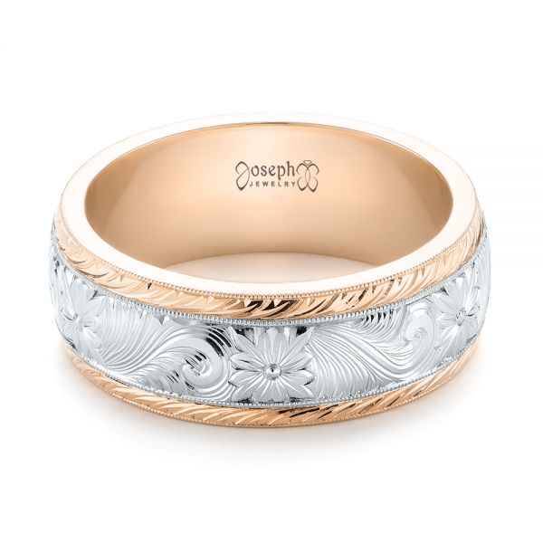 18k Rose Gold And Platinum 18k Rose Gold And Platinum Custom Two-tone Hand Engraved Men's Band - Flat View -  103348