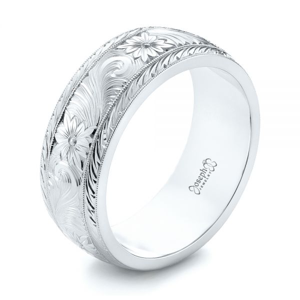 14k White Gold And Platinum 14k White Gold And Platinum Custom Two-tone Hand Engraved Men's Band - Three-Quarter View -  103348