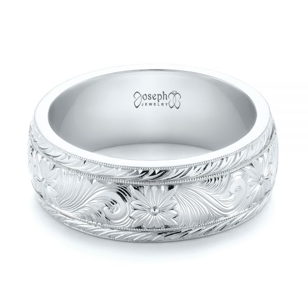 18k White Gold And Platinum 18k White Gold And Platinum Custom Two-tone Hand Engraved Men's Band - Flat View -  103348
