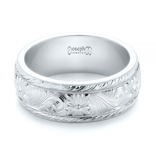 14k White Gold And Platinum 14k White Gold And Platinum Custom Two-tone Hand Engraved Men's Band - Flat View -  103348