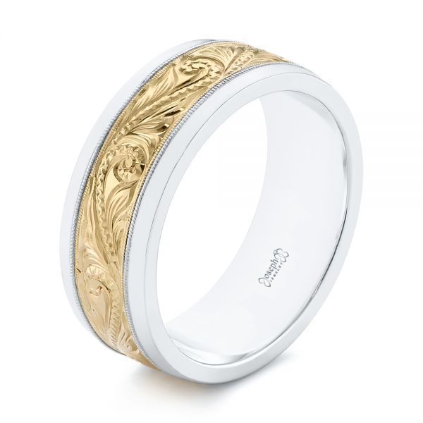  14K Gold And Yellow Gold 14K Gold And Yellow Gold Custom Two-tone Hand Engraved Men's Band - Three-Quarter View -  104864