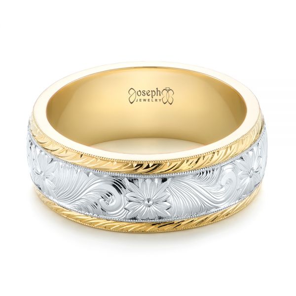 18k Yellow Gold And Platinum Custom Two-tone Hand Engraved Men's Band - Flat View - 103348
