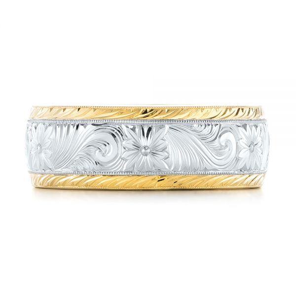 18k Yellow Gold And Platinum Custom Two-tone Hand Engraved Men's Band - Top View - 103348