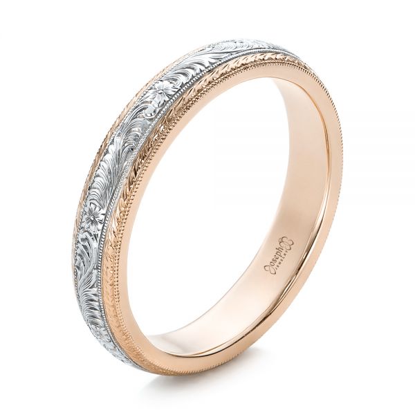 18k Rose Gold And 18K Gold 18k Rose Gold And 18K Gold Custom Two-tone Hand Engraved Men's Wedding Band - Three-Quarter View -  102069