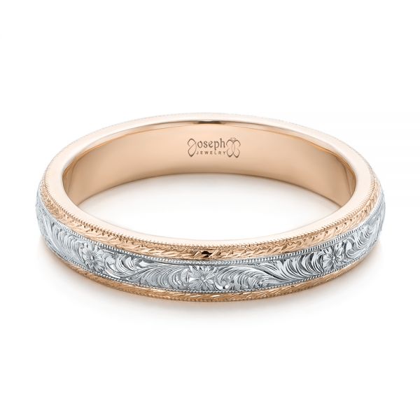 14k Rose Gold And Platinum 14k Rose Gold And Platinum Custom Two-tone Hand Engraved Men's Wedding Band - Flat View - 102069