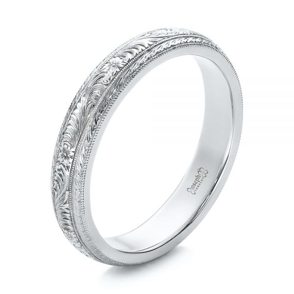 18k White Gold And Platinum 18k White Gold And Platinum Custom Two-tone Hand Engraved Men's Wedding Band - Three-Quarter View -  102069