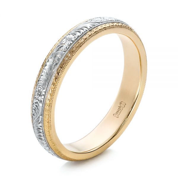 18k Yellow Gold And Platinum 18k Yellow Gold And Platinum Custom Two-tone Hand Engraved Men's Wedding Band - Three-Quarter View -  102069