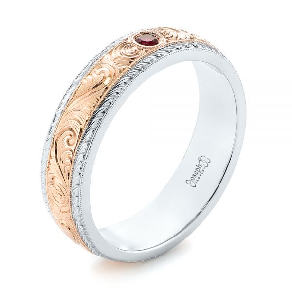  Platinum And 14k Rose Gold Platinum And 14k Rose Gold Custom Two-tone Hand Engraved Ruby Men's Band - Three-Quarter View -  103485